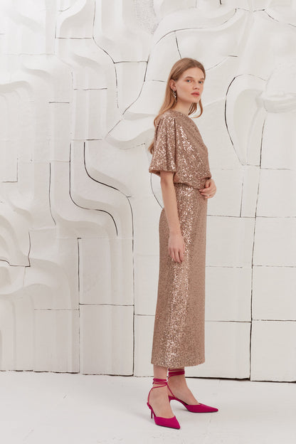 Nude Sequin Evening Dress