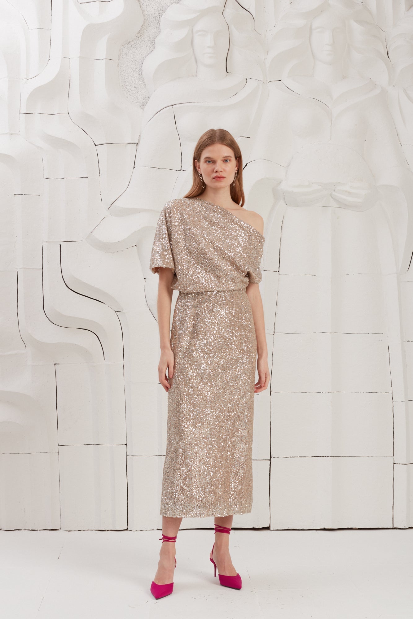 Silver sequin asymmetric midi dress MARGO