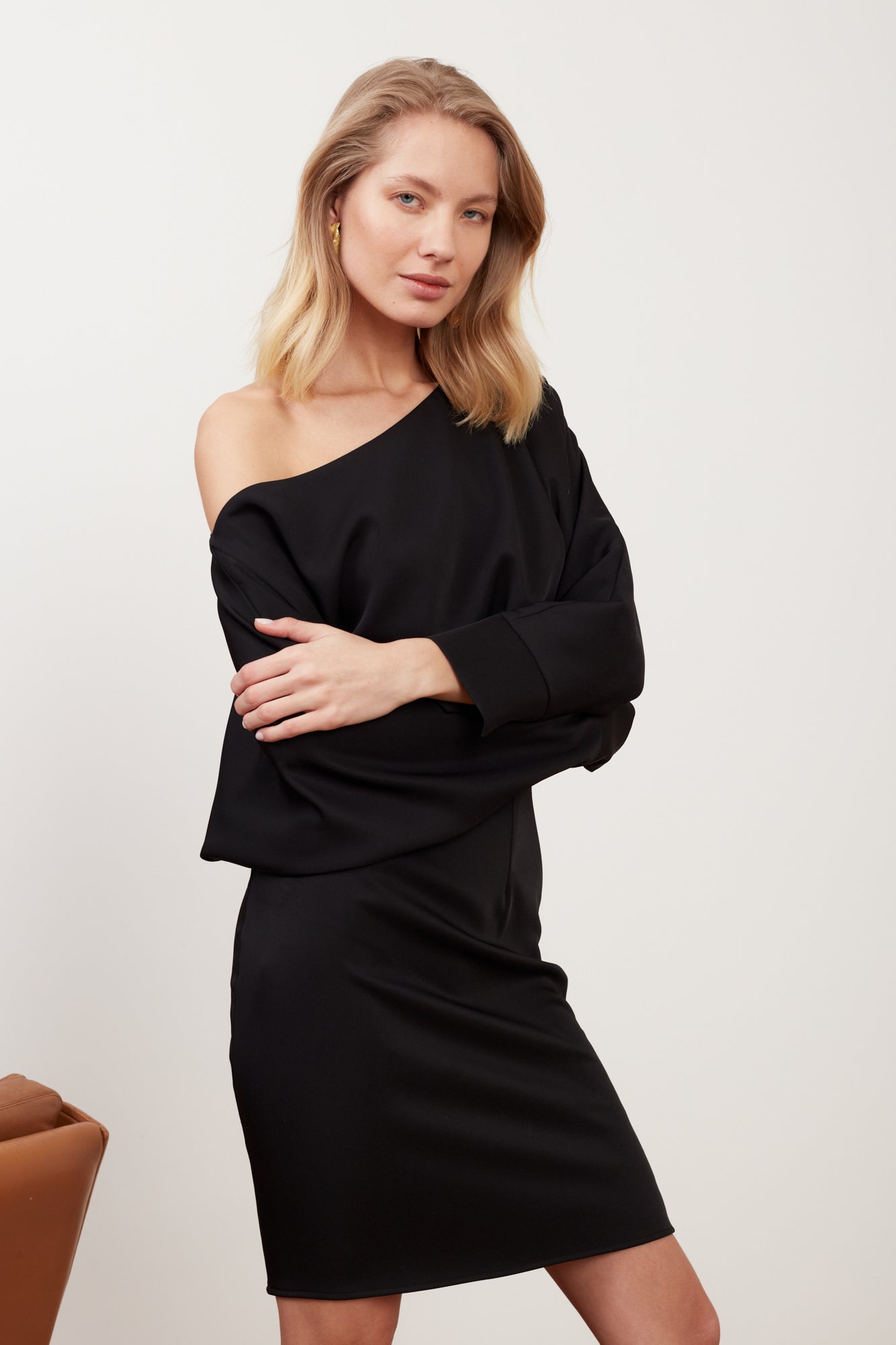 MINA black open shoulder mini dress