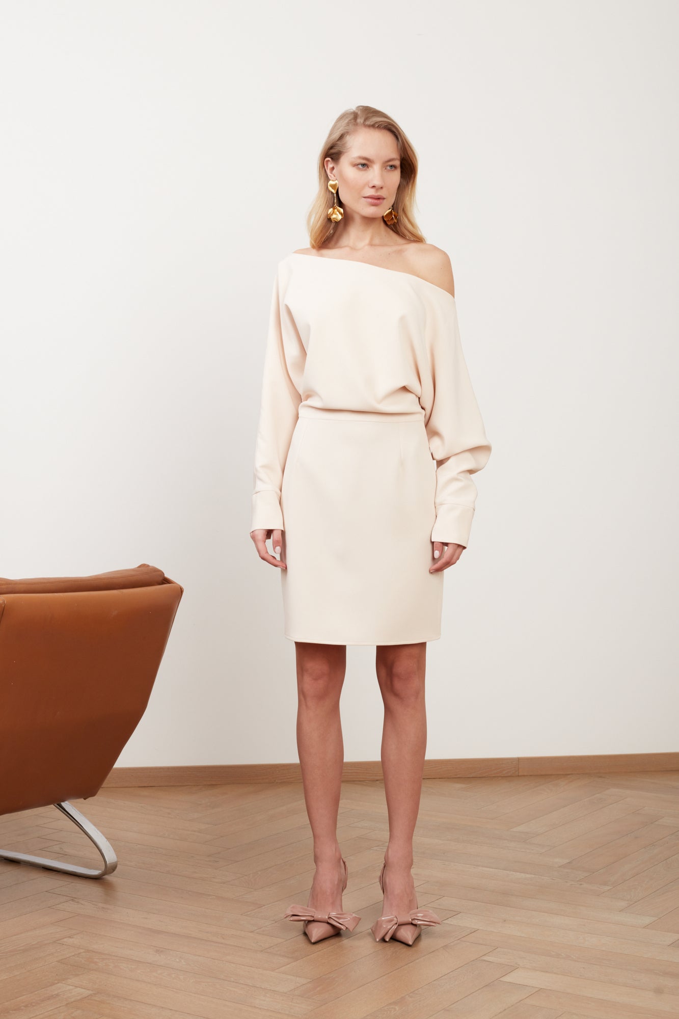 MINA cream off-the-shoulder short dress