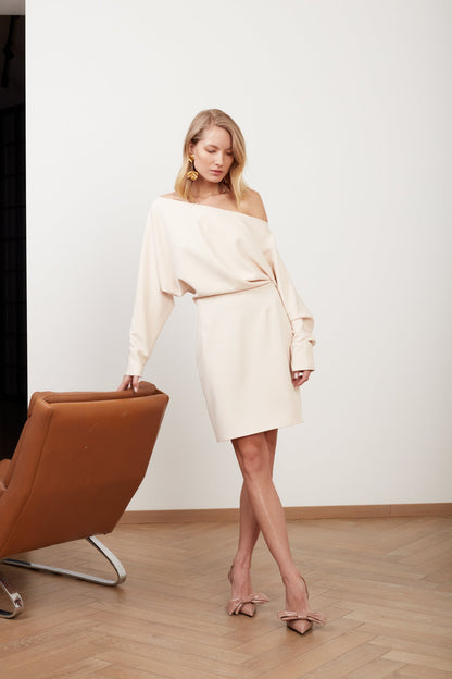 MINA cream off-the-shoulder short dress