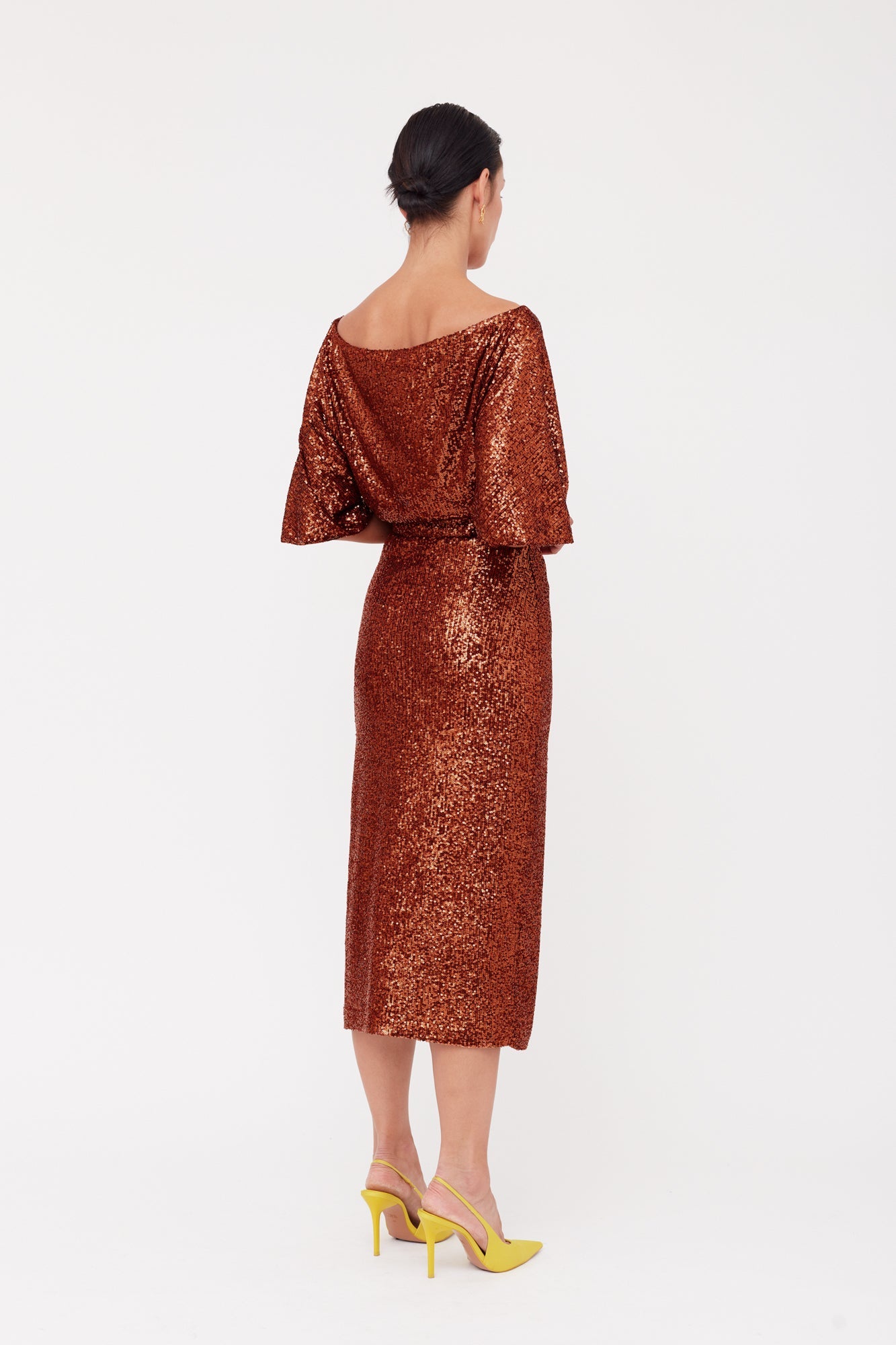 MIRTA Bronze Sequin Cocktail Midi Dress With Widening Sleeves