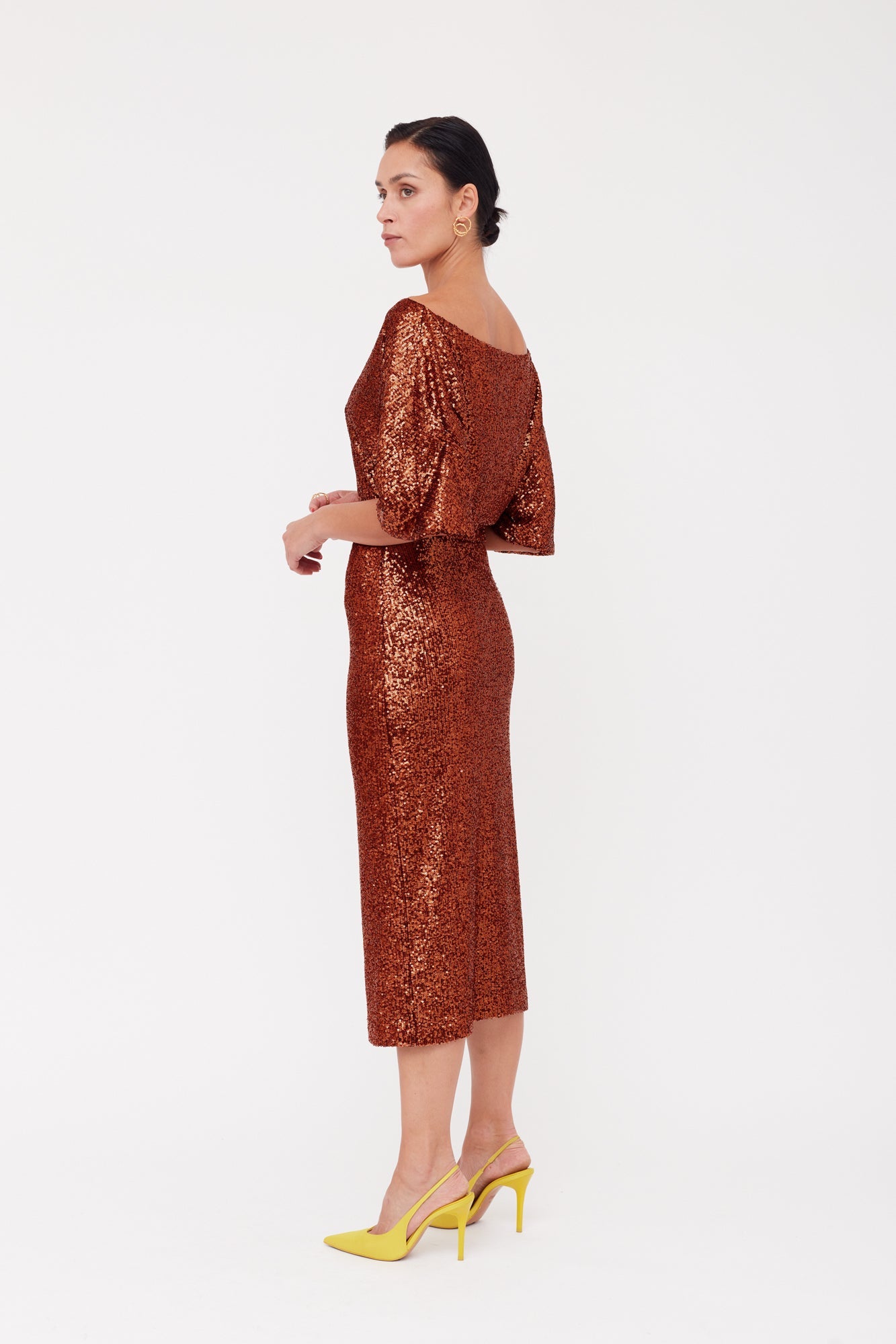 MIRTA Bronze Sequin Cocktail Midi Dress With Widening Sleeves