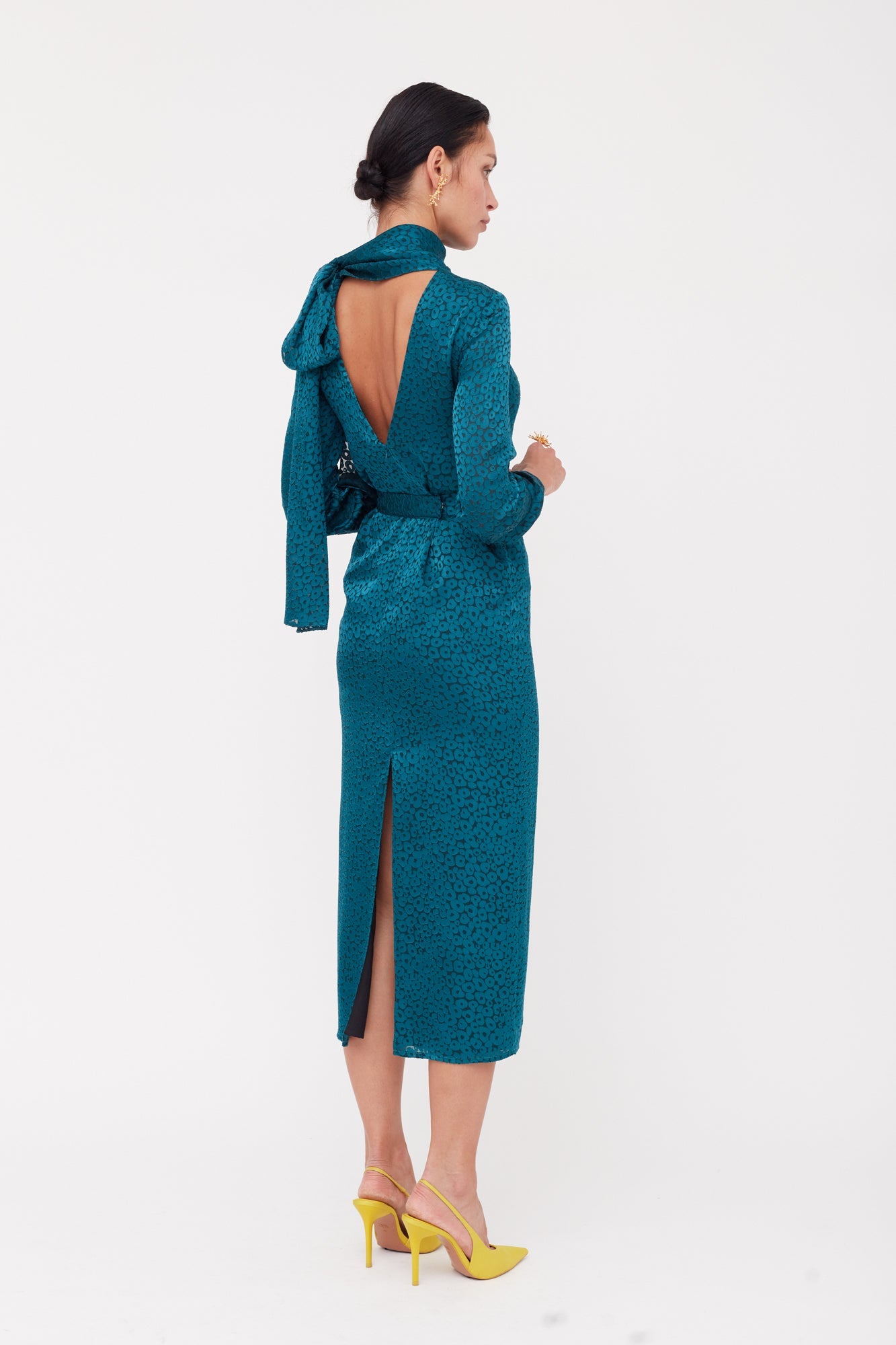 MONE Teal Blue Jacquard Fabric Midi Dress With Ribbon on Shoulder