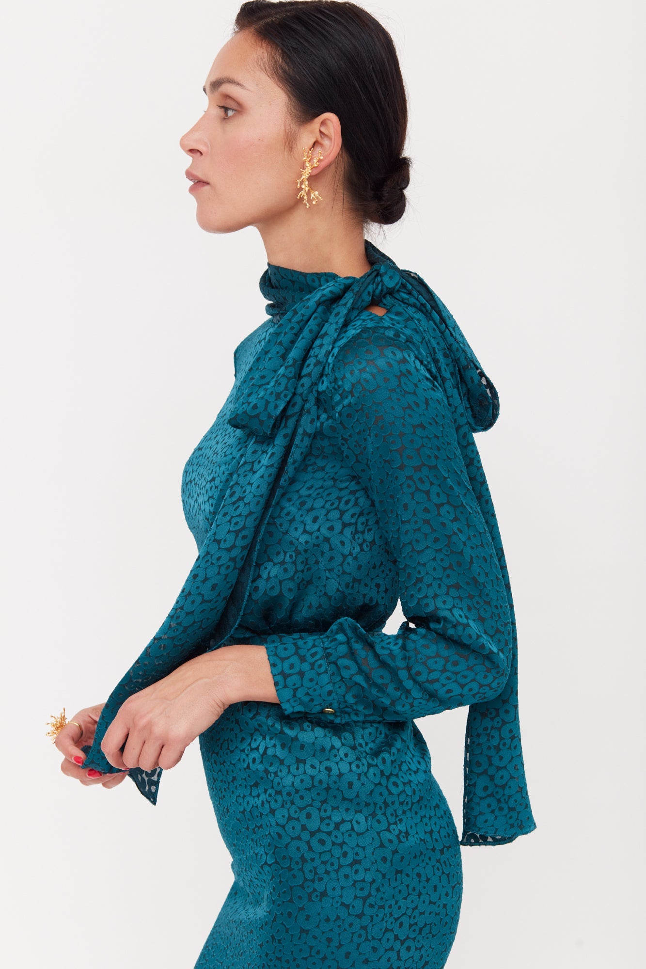 MONE Teal Blue Jacquard Fabric Midi Dress With Ribbon on Shoulder