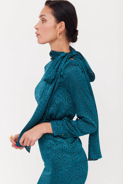 MONE Teal Blue Jacquard Fabric Midi Dress With Ribbon on Shoulder