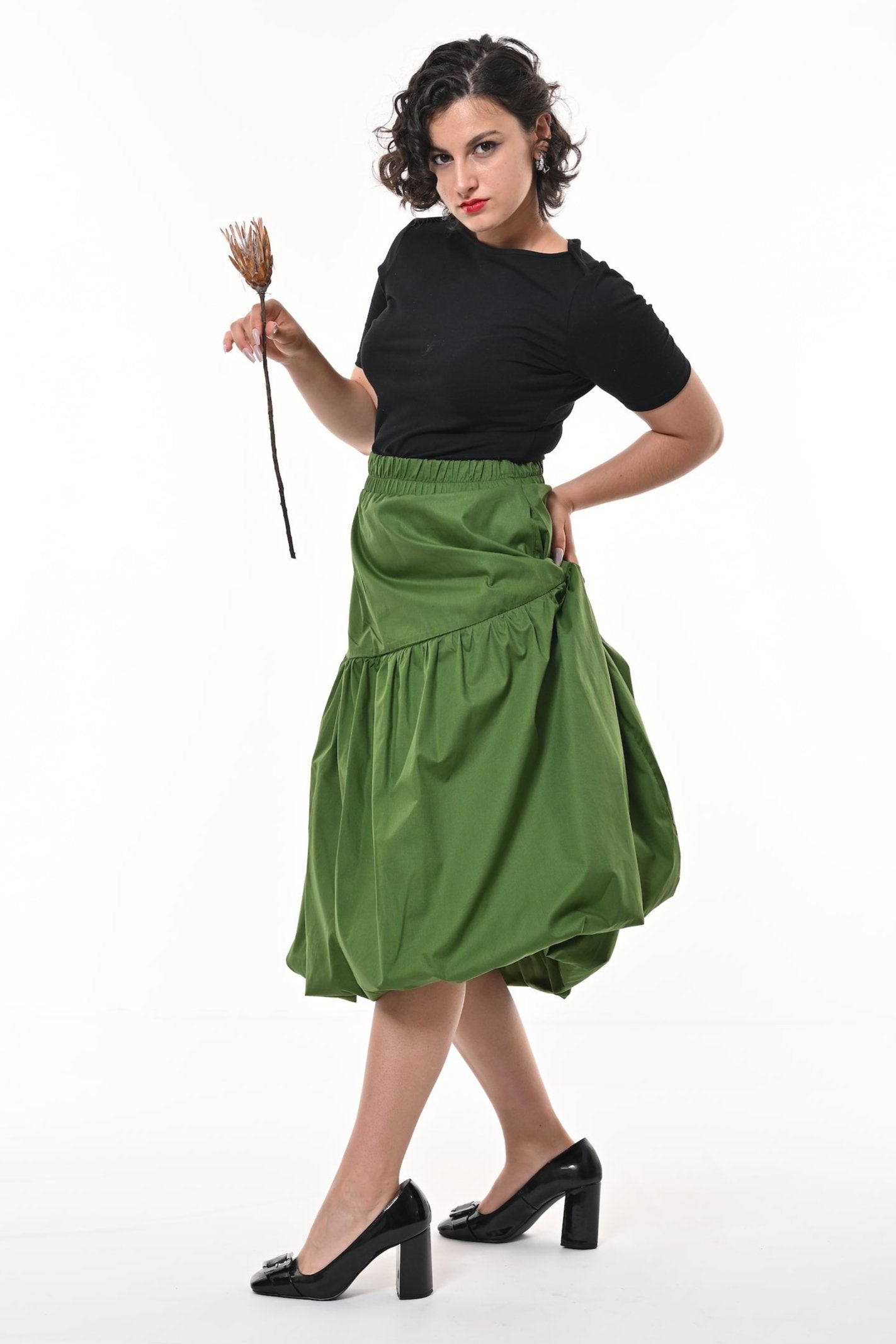 Mylar Puffball Midi Skirt In Green