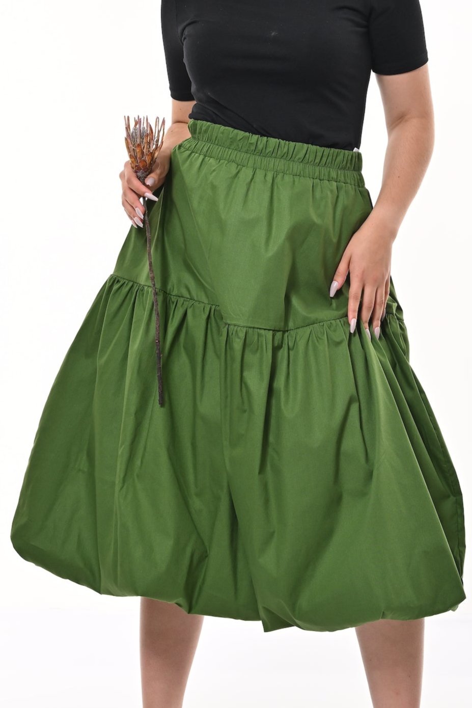 Mylar Puffball Midi Skirt In Green