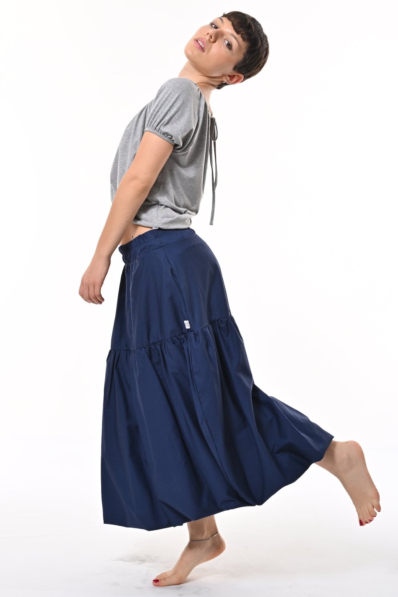 Mylar Puffball Midi Skirt In Navy