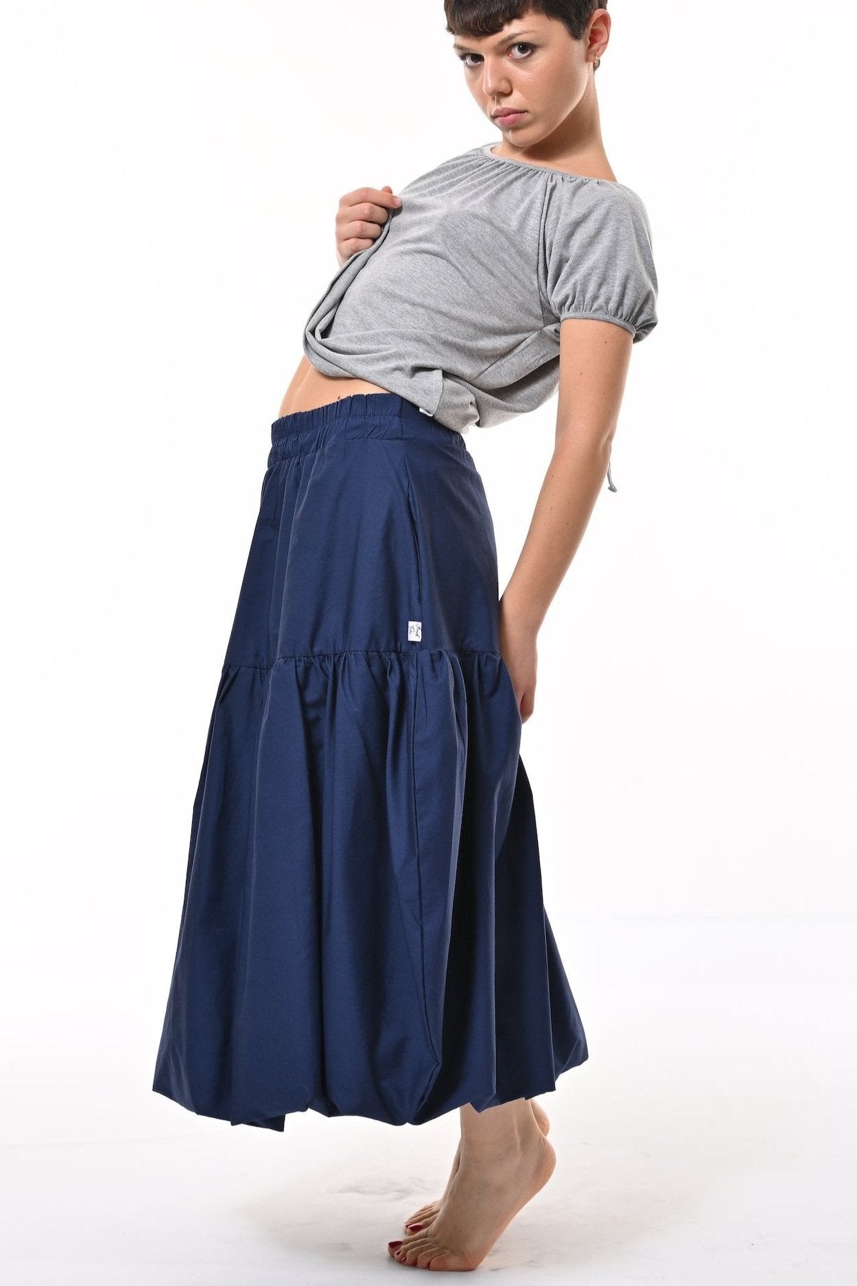 Mylar Puffball Midi Skirt In Navy