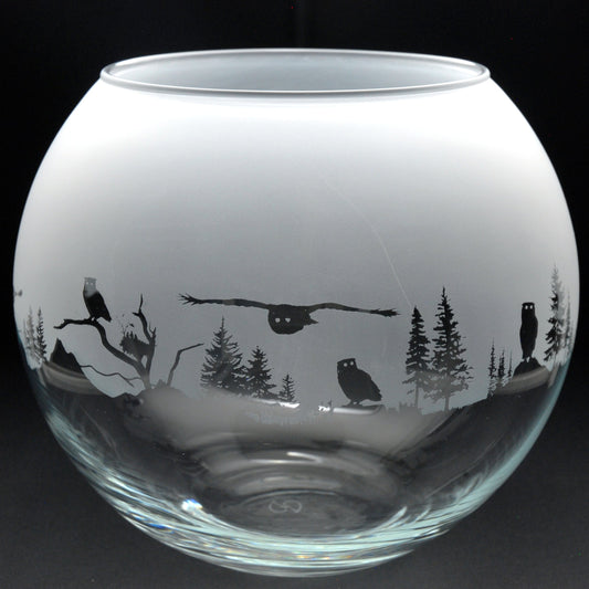 Owl Glass Flora Bowl Vase - Hand Etched/Engraved Gift