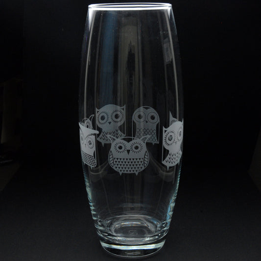 Cartoon Owl Glass Botanica Vase - Hand Etched/Engraved Gift