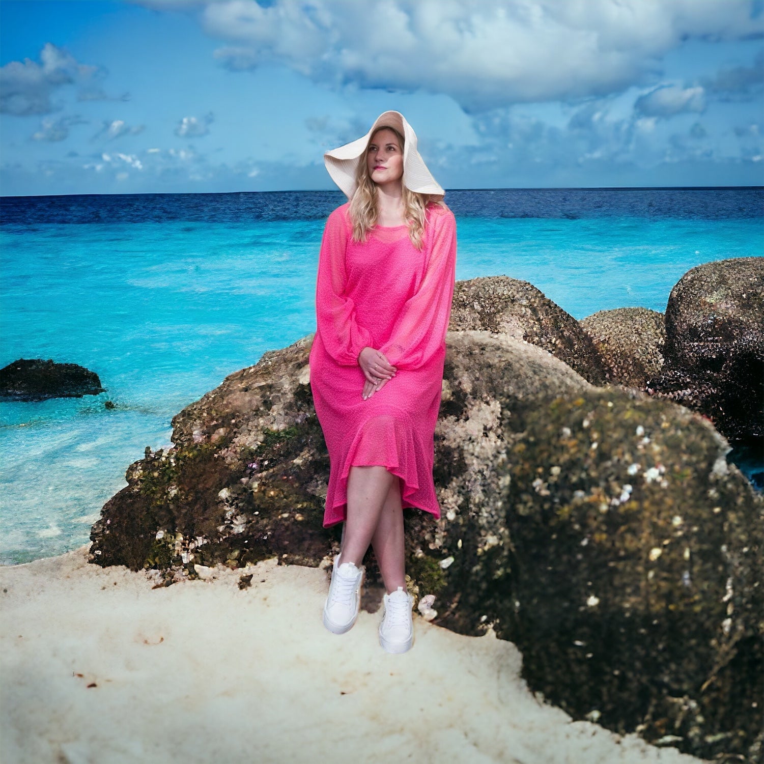 Women's Aphrodite Hot Pink Holiday Resort Dress with a  hot pink undergarment, paired with a white sunhat and white sneakers for a relaxed holiday look.