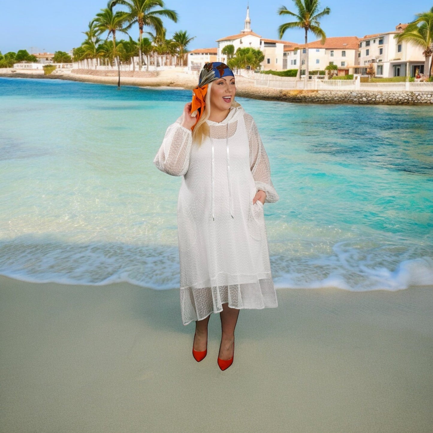 Aphrodite White Holiday Resort Midi Dress With Hoodie -Inclusive Plus Size up to UK 18 / US 14