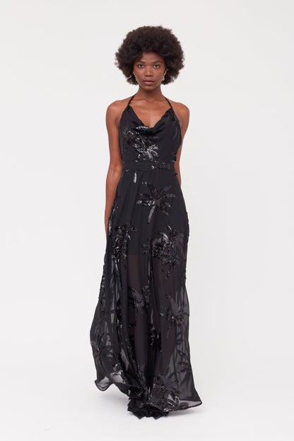 ROJA Black Evening Gown From Chiffon Sequin Embroidered