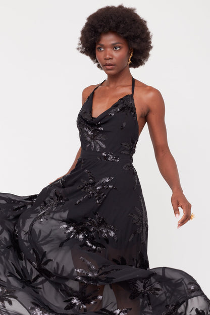 ROJA Black Evening Gown From Chiffon Sequin Embroidered