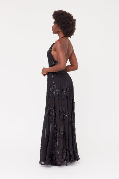 ROJA Black Evening Gown From Chiffon Sequin Embroidered