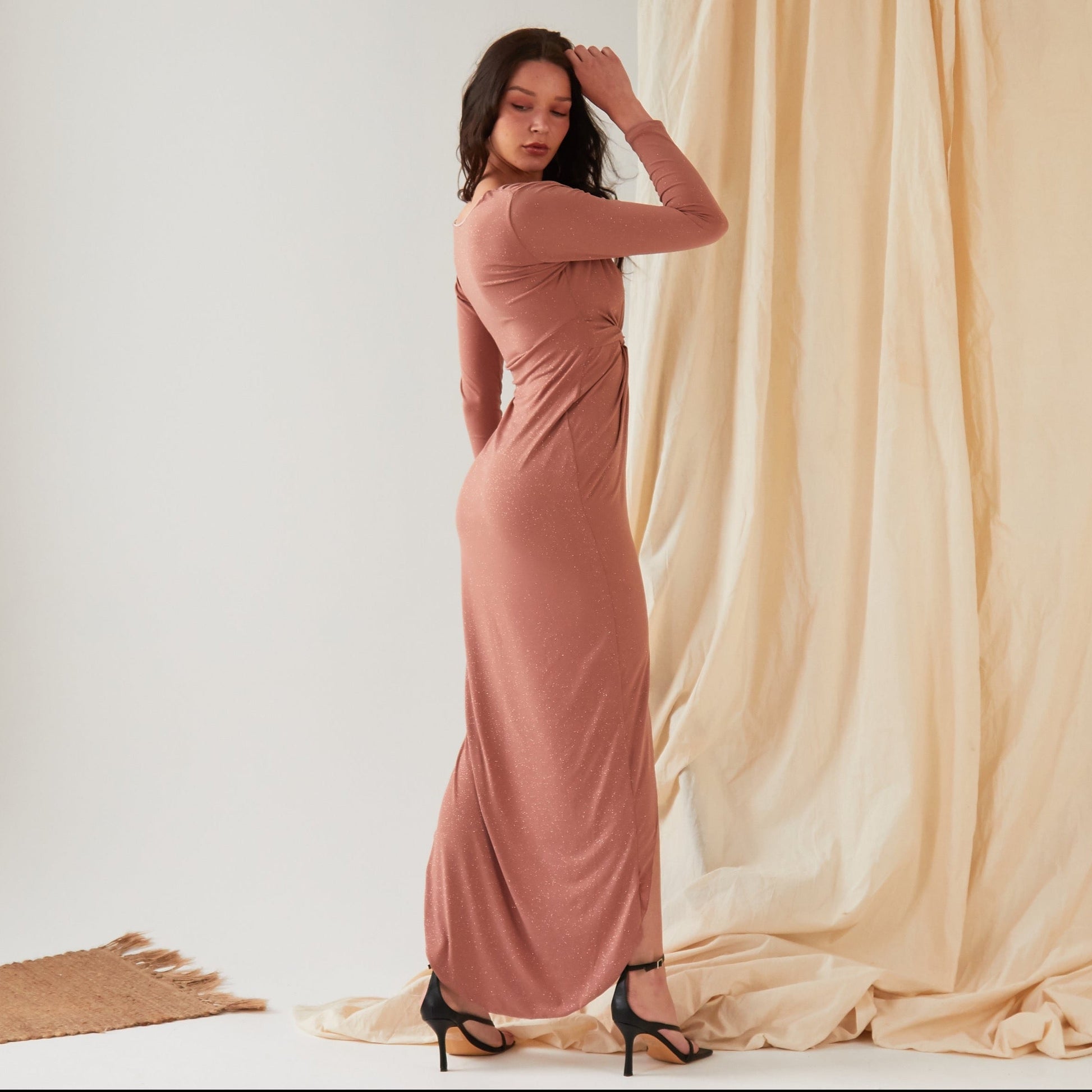 Twist Knot Front Dress in blush by Sarvin.