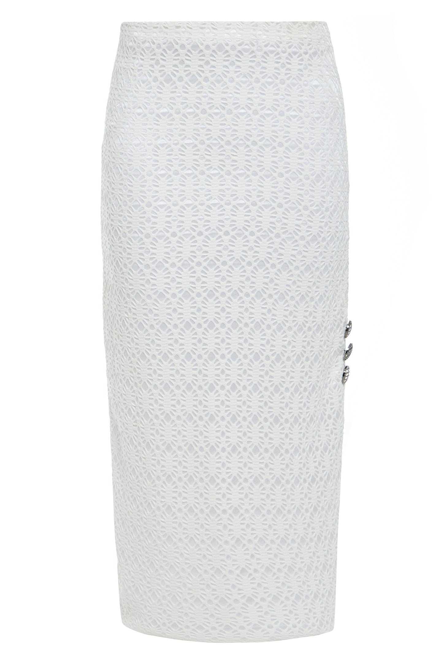 a White Lace Bodycon Skirt with buttons from Sarvin.