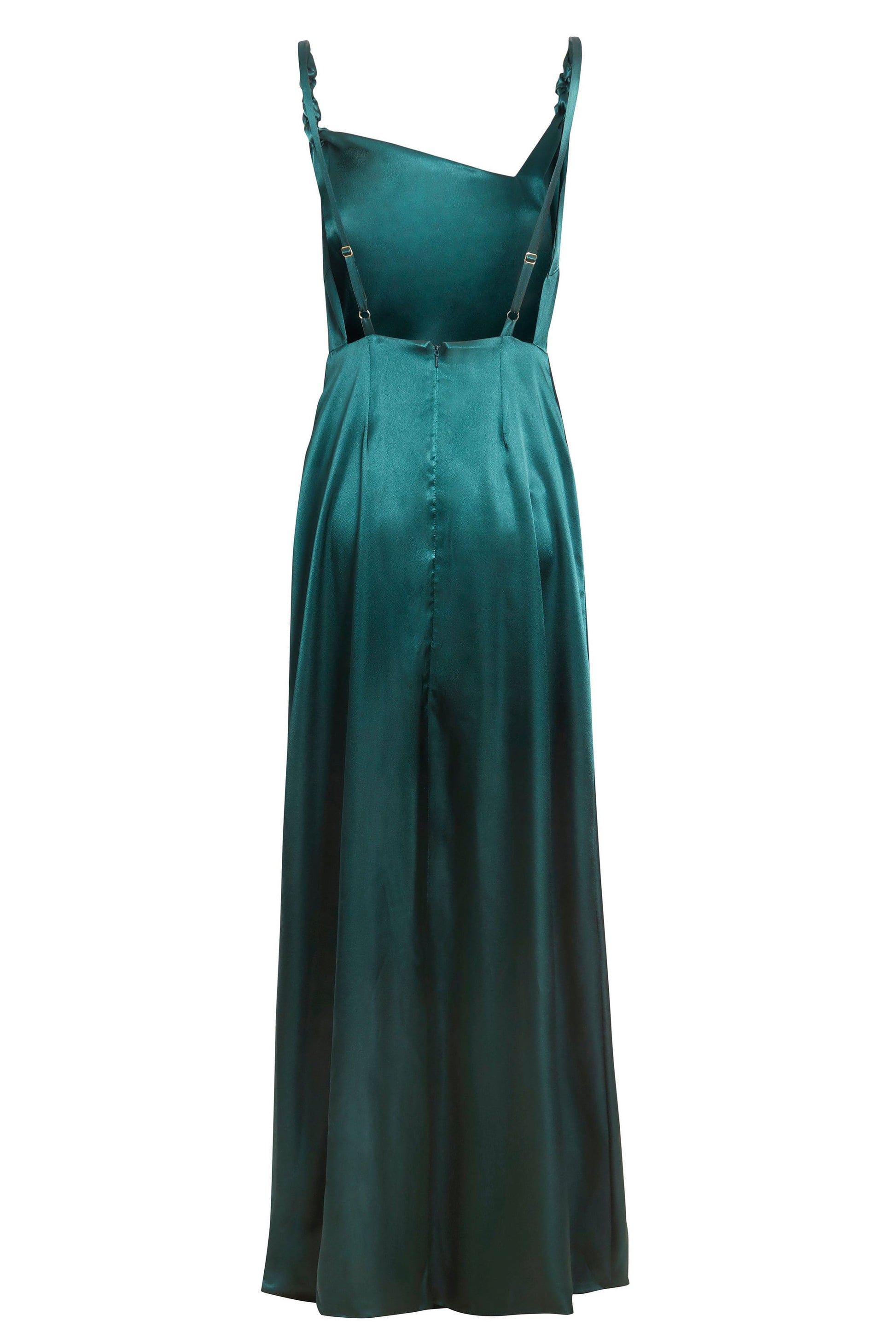 Sarvin's Backless Maxi Dress in emerald green satin.