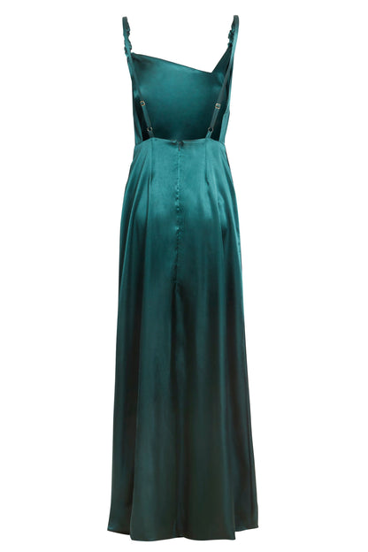 Sarvin's Backless Maxi Dress in emerald green satin.