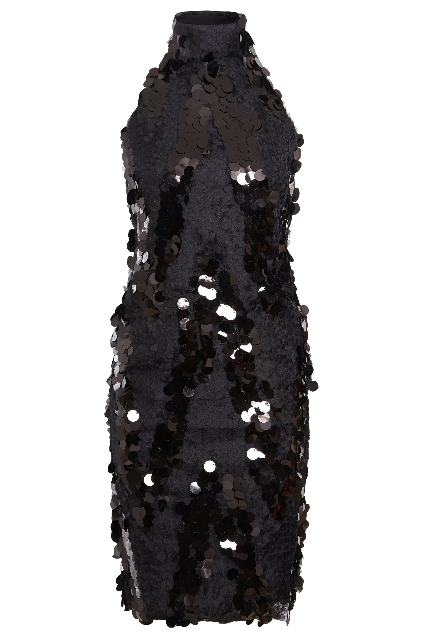 a Sarvin Black Backless Sparkly Dress with sequins on it.