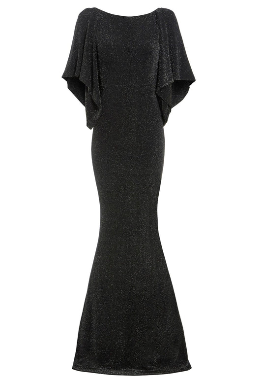 a Black Cowl Back Gown (Sarvin) with flutter sleeves.