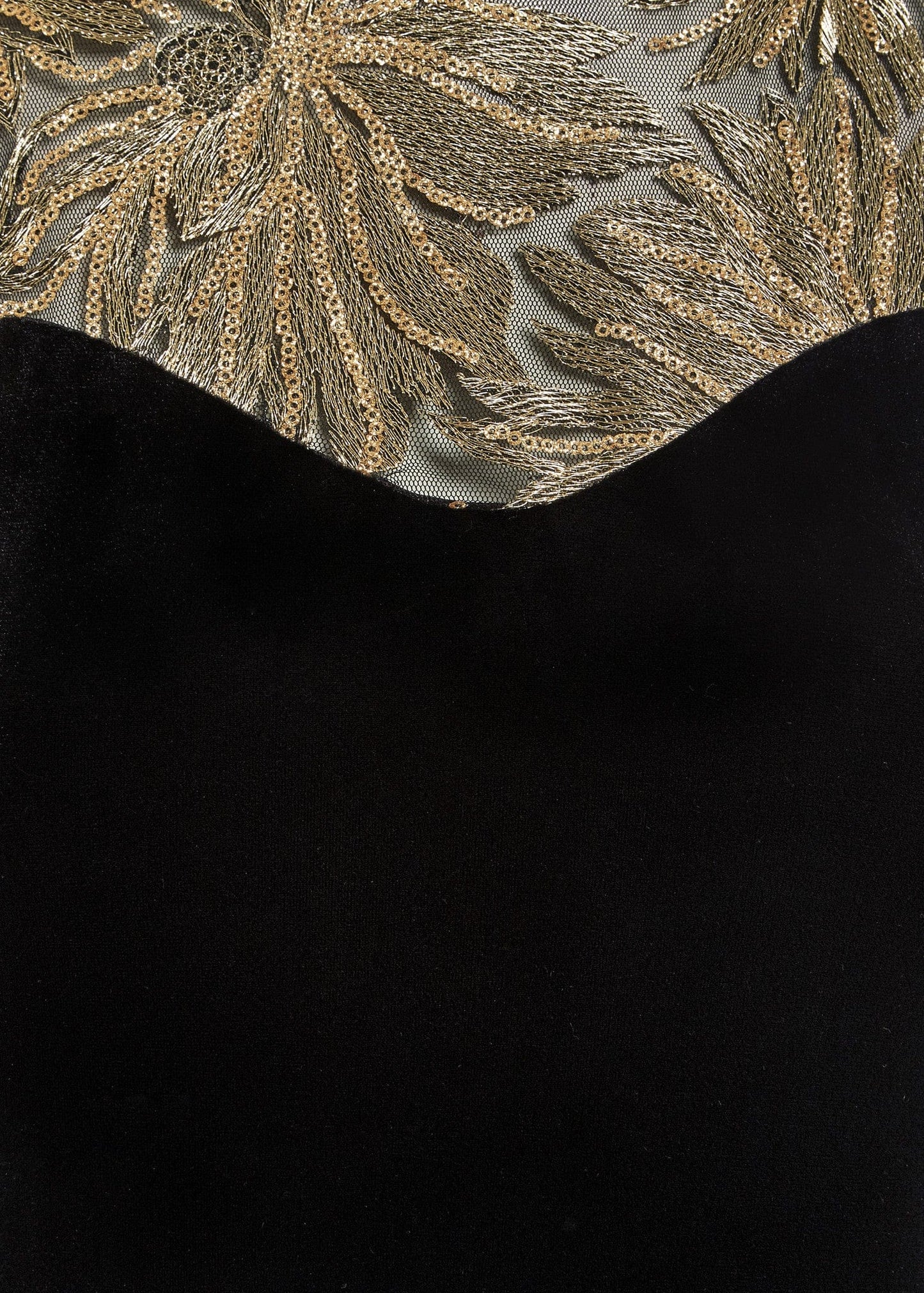 a black and gold Sweetheart Neckline Dress with embroidered leaves by Sarvin.