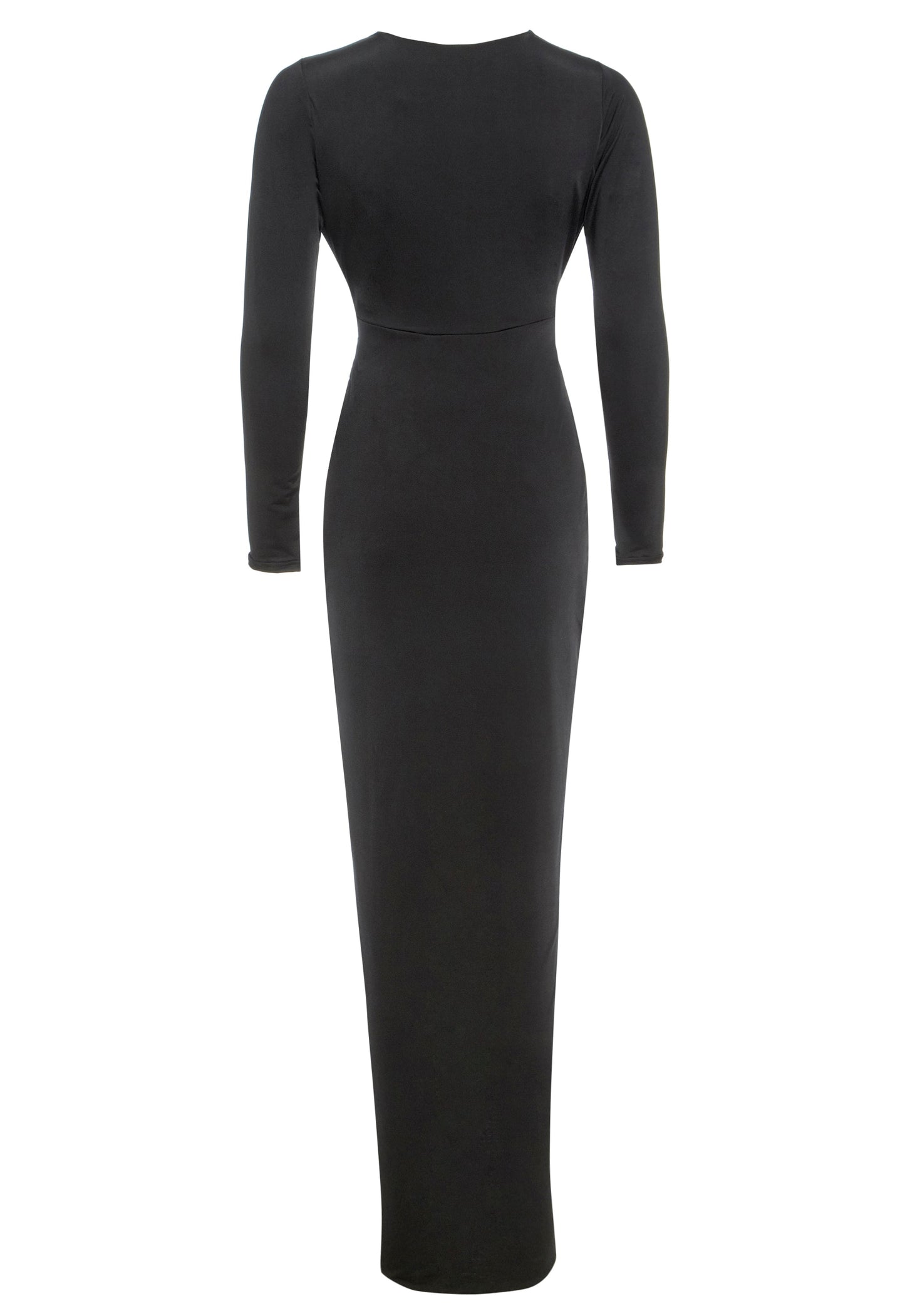 the back view of a Sarvin Black Twisted Front Dress.