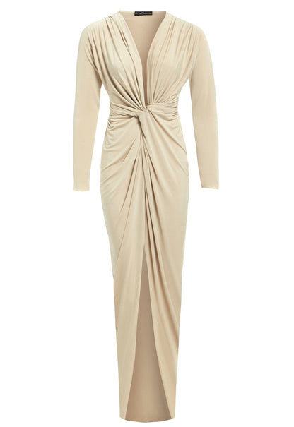 a Sarvin Low Cut Dress Plunging Neckline with a slit.