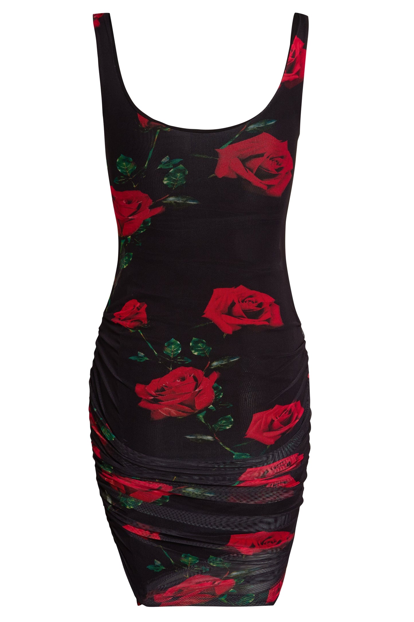 a Sarvin Ruched Bodycon Dress with red roses on it.