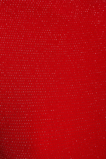 a close up of a Sarvin Red Cowl Back Gown.