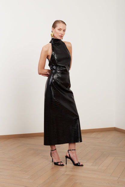 SENSA black textured vegan leather midi dress with turtleneck