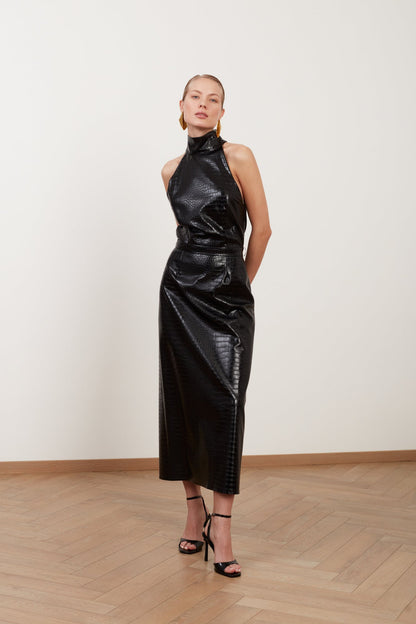 SENSA black textured vegan leather midi dress with turtleneck