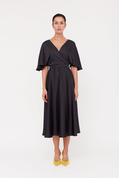 SONYA Black Satin Midi Cocktail Dress With Circle Skirt