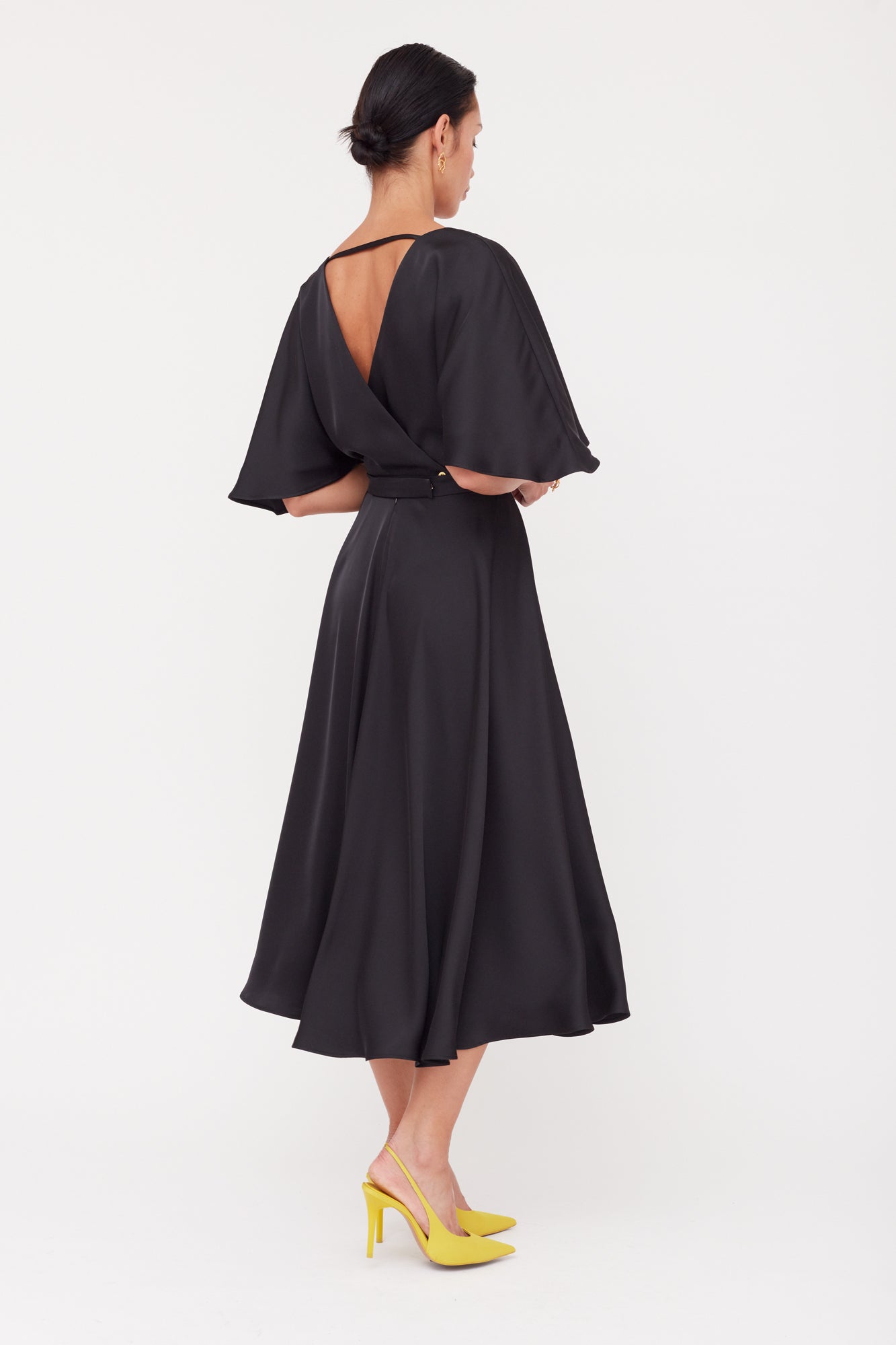 SONYA Black Satin Midi Cocktail Dress With Circle Skirt