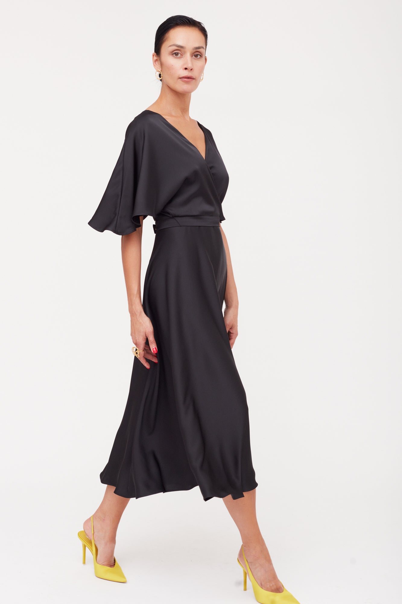 SONYA Black Satin Midi Cocktail Dress With Circle Skirt