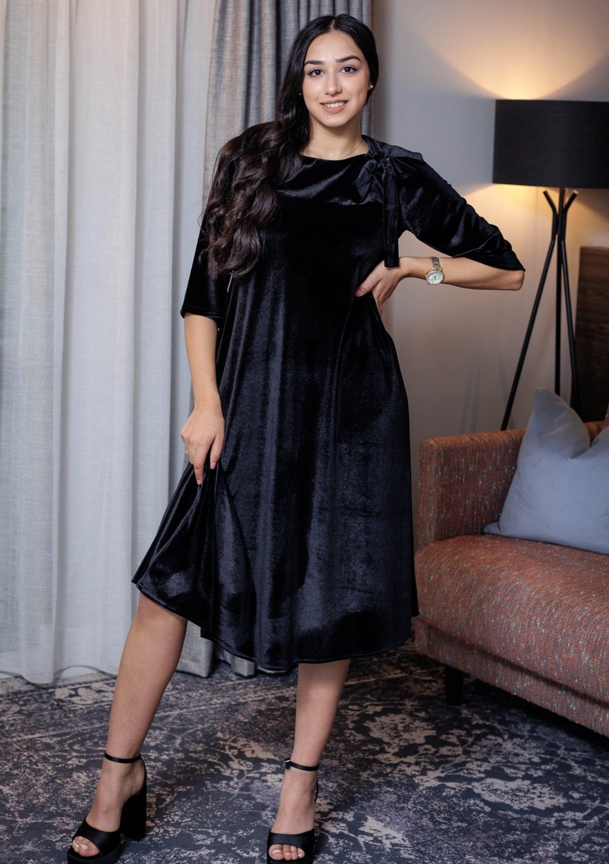 Madelaine Midi Dress In Black Velour