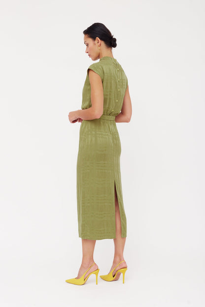 TESSA Olive Green Cupro Fabric Kimono Sleeves Midi Dress