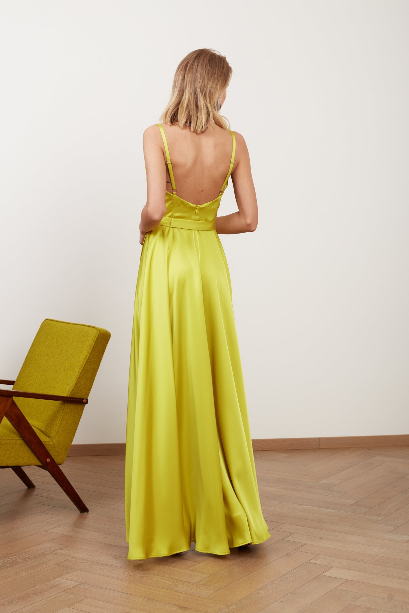 FREYA lime green satin long evening gown