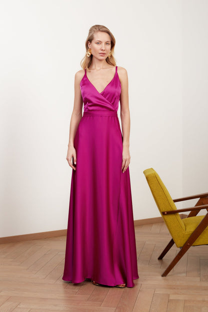 FREYA fuchsia pink satin long evening dress