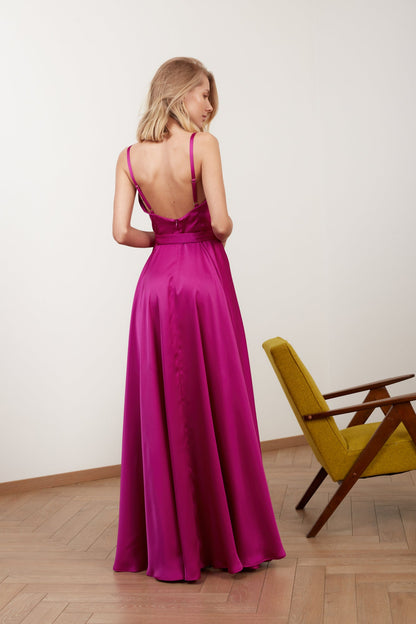 FREYA fuchsia pink satin long evening dress