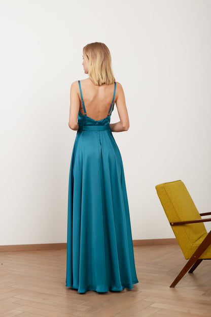 FREYA dark turquoise blue satin maxi evening dress