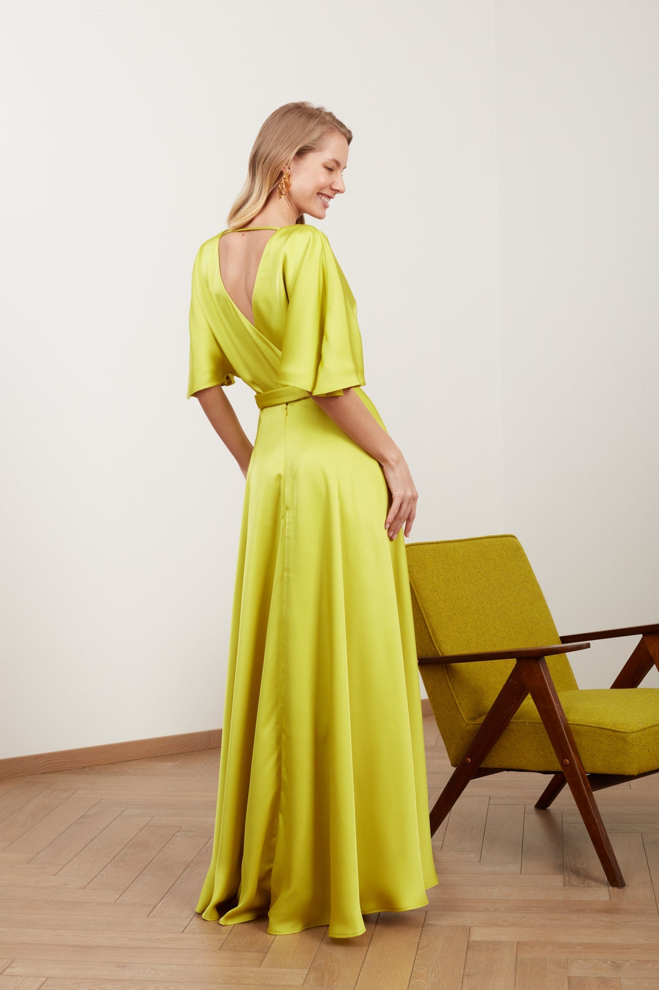 SOLENE lime green satin long evening dress with butterfly sleeves