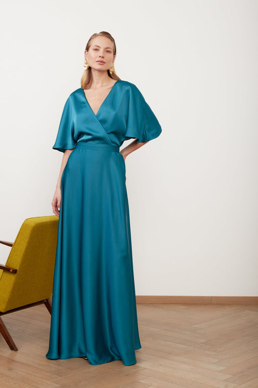 SOLENE dark turquoise satin maxi dress