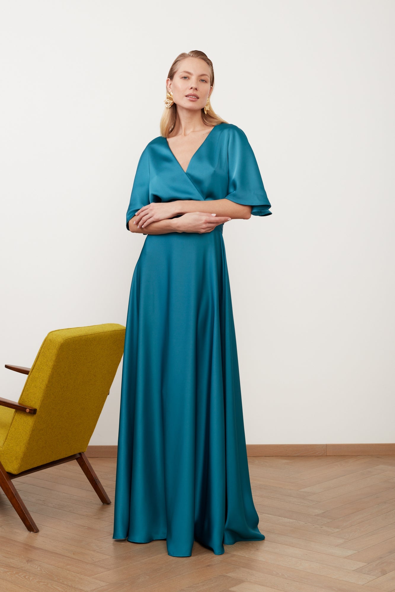 SOLENE dark turquoise satin maxi dress