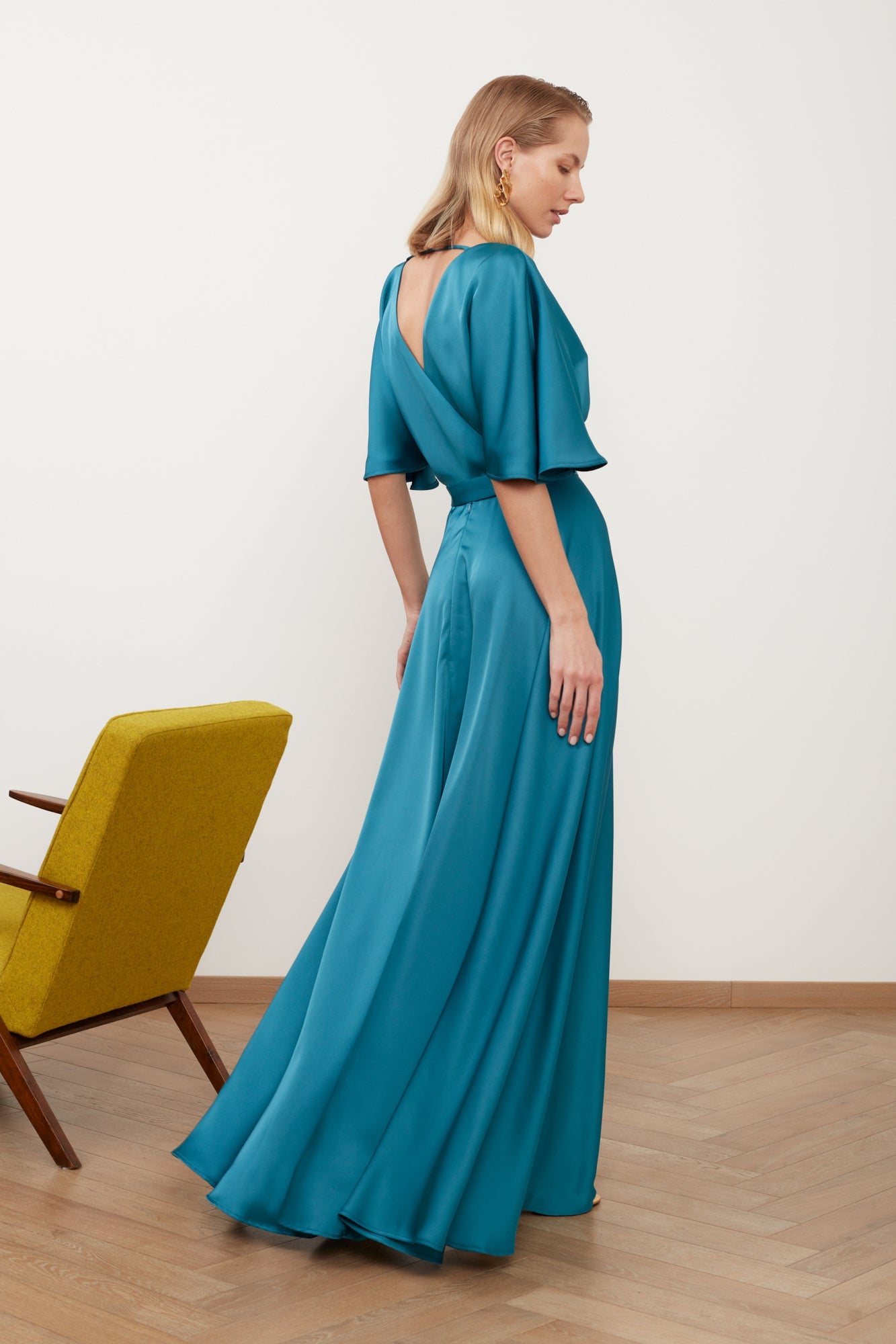 SOLENE dark turquoise satin maxi dress