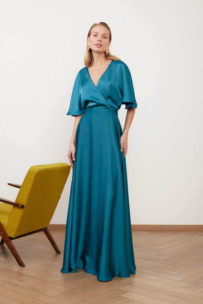 SOLENE dark turquoise satin maxi dress