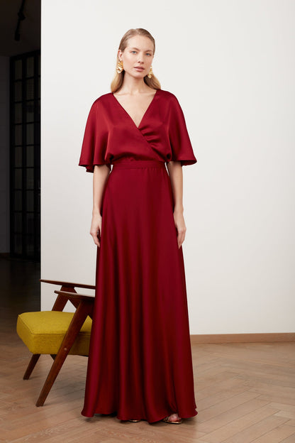 SOLENE burgundy red satin maxi evening dress