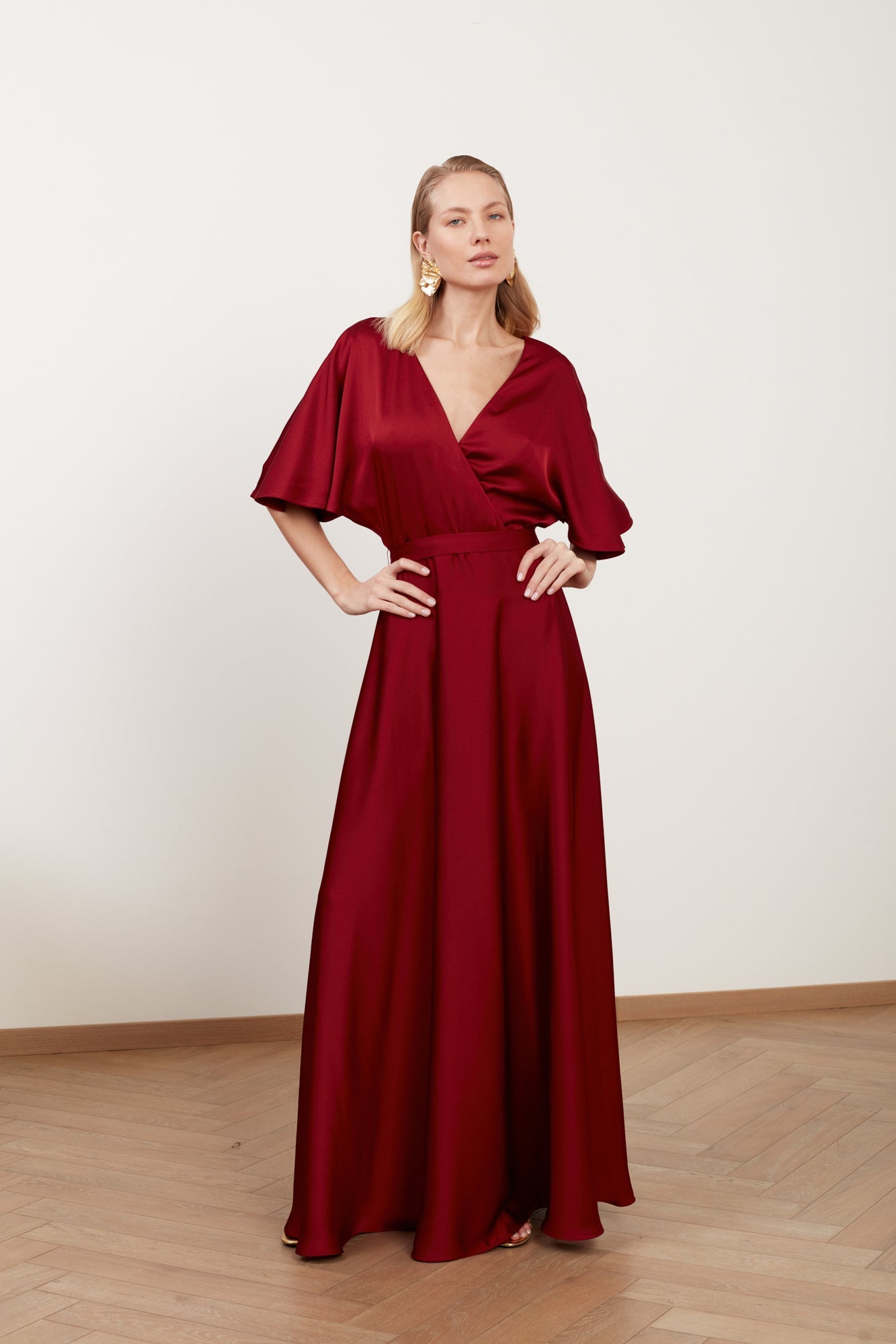 SOLENE burgundy red satin maxi evening dress